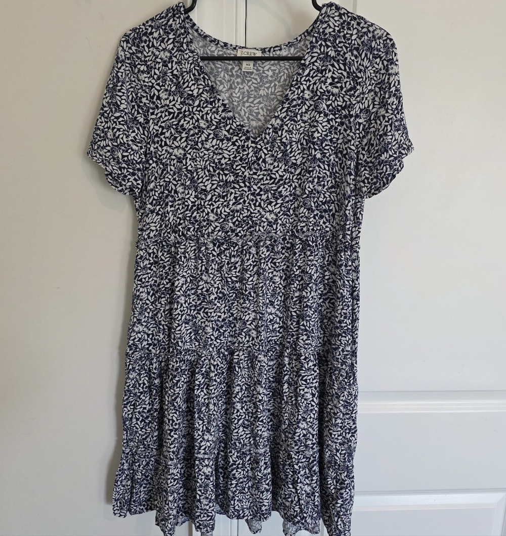 J Crew Flowy, Blue and White Women's V Neck Ruffle Tiered Dress. Size XS.